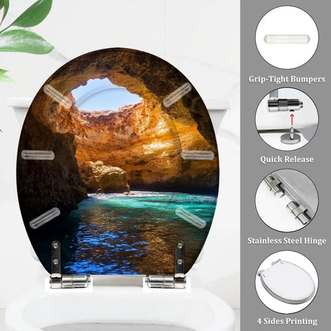 Laid Back Tropical Paradise Round Resin Toilet Seat Cover With Smooth Slow Close Action And Snappy Quick Release Hinges For Effortless Cleanup And A Tight Seal On Standard American Bathrooms, featuring a scenic cave view.