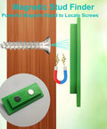 Magnetic stud finder with powerful magnets locating screws on wood, part of No Fuss 4 In 1 Trim Reveal Tool For Spot On Door Jamb Cut Marks.