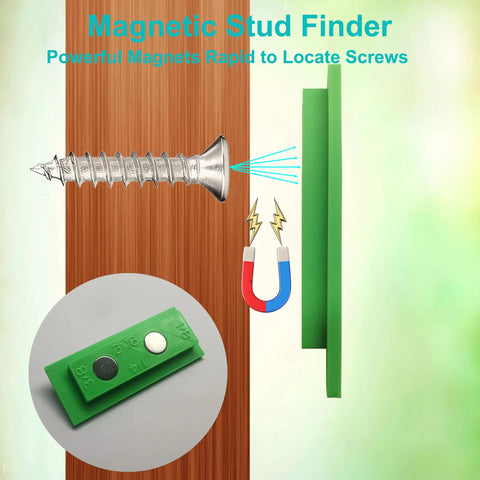 Magnetic stud finder with powerful magnets locating screws on wood, part of No Fuss 4 In 1 Trim Reveal Tool For Spot On Door Jamb Cut Marks.