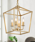 Built Tough Industrial Four Light Chandelier With Killer Gold Lantern Pendant And Rustic Metal Cage, adjustable height, geometric design.