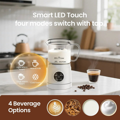 4 In 1 Milk Frother With Led Touch Screen And Ceramic Lined Bottom, 13.5 Oz Capacity For Barista Grade Cafe Style Lattes Cappuccinos And Macchiatos At Home, Transparent Glass Shows Frothing, White on kitchen counter next to espresso