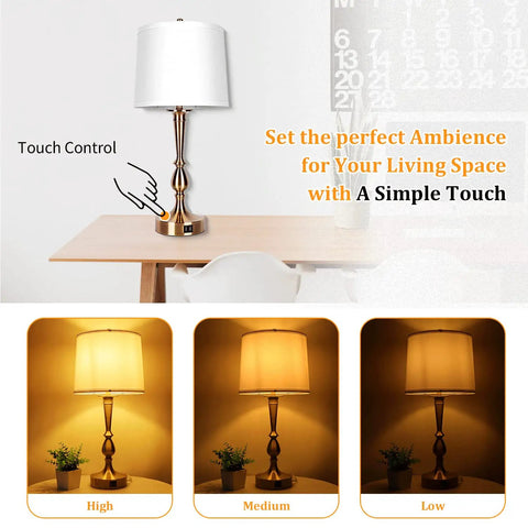 Dual USB Bedside Lamps With USB Ports And Outlets, Touch Control 3 Way Dimmable Lighting With White Lampshade, Mid Century End Table Lamps For Living Room Or Bedroom, Includes 2 LED Bulbs