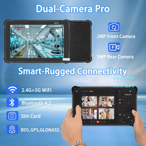 Kickass Durability 10.1 Inch Rugged Tablet Running Windows 10 showing dual cameras and smart connectivity features.