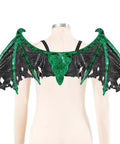 Green and black dragon wing cosplay prop on mannequin, showcasing lightweight design for stage performances and Halloween parties.