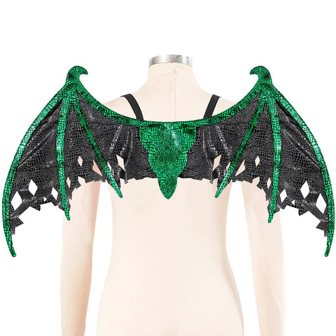 Green and black dragon wing cosplay prop on mannequin, showcasing lightweight design for stage performances and Halloween parties.