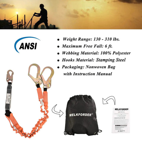 Double Leg 6 Foot Fall Protection Lanyard With Shock Absorber Stretchable Design And Snap And Rebar Hook Connectors