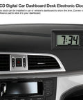 Ultra Thin Digital Clock With Wide Lcd Panel And Adhesive Mount For Car Dashboard Home Desk Ride Ready mounted on a car dashboard.