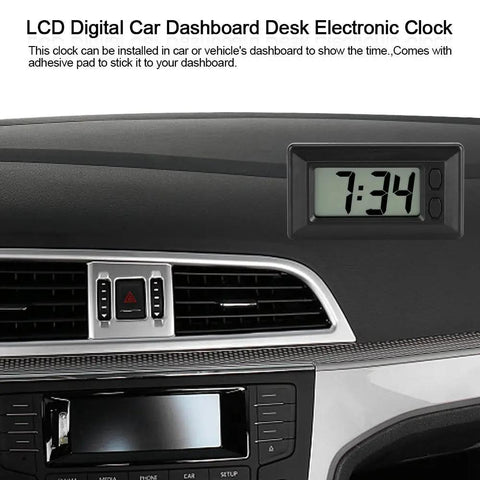 Ultra Thin Digital Clock With Wide Lcd Panel And Adhesive Mount For Car Dashboard Home Desk Ride Ready mounted on a car dashboard.
