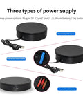 Foxvee Remote Control Electric Turntable Display Stand 360 Degree Silent Spinning Platform For Showcases showing three power supply options.