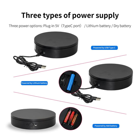 Foxvee Remote Control Electric Turntable Display Stand 360 Degree Silent Spinning Platform For Showcases showing three power supply options.