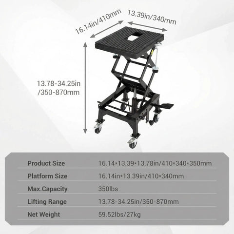 Foot Powered Hydraulic Motorcycle Lift Jack With 350 Lbs Capacity No Sweat Easy Lift Wide Deck And Locking Wheels For Motorcycle ATV And Buggy Maintenance Durable Portable For Home Garage Or Shop Use Red, showcasing size specifications and lifting range.