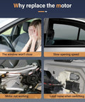 Symptoms of faulty power window regulator lift motor: window won't close, slow speed, non-working motor, loud noise.