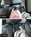 Universal Back Seat Headrest Hooks holding bags in car; microfiber leather and stainless steel; prevents scratches, keeps tidy.