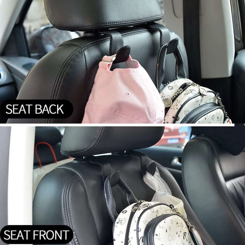 Universal Back Seat Headrest Hooks holding bags in car; microfiber leather and stainless steel; prevents scratches, keeps tidy.