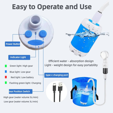 Rechargeable Camping Shower With USB-C, Portable Outdoor Shower Pump, showing controls, USB-C charging, and blue water bucket.