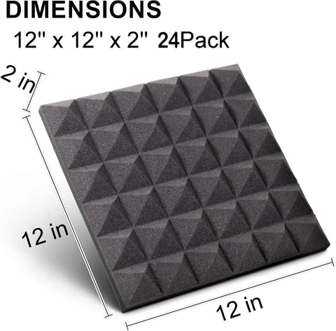 24 Pack Hella Thick Acoustic Foam Panels Crafted To Knock Out Studio Reverb And Quiet Down Busy Rooms For Home Offices Creative Spaces And Relaxing Lounges Premium Density Tiles with dimensions 12x12x2 inches.