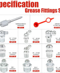All In One 70 Pcs Grease Fittings Kit With SAE And Metric Zerk Nipples includes various fittings and caps with specifications