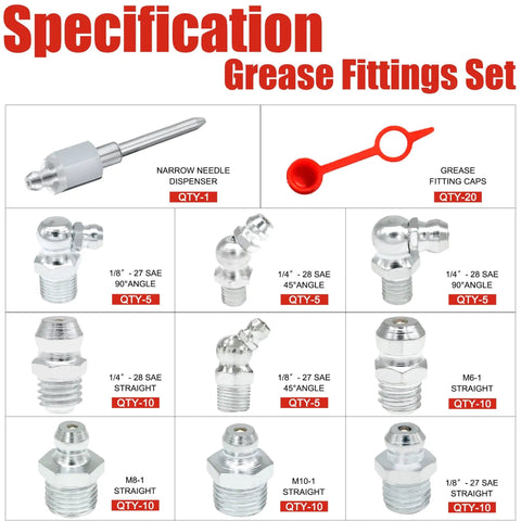 All In One 70 Pcs Grease Fittings Kit With SAE And Metric Zerk Nipples includes various fittings and caps with specifications