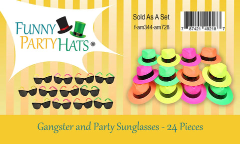 Neon Fedora Party Hats And Sunglasses Set For 80s Gangster Theme, Glow Party Accessories, 24 Pc Neon Party Favors packaging