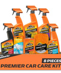 All in One Eight Piece Car Care Kit With Extreme Tire Shine And Ultra Shine Wash And Wax Glass Cleaner displayed in a box