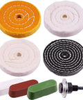 Slick Finish 8 Piece Buffing Wheel And Polishing Compound Set With Quarter Inch Drill Adapter features cotton wheels and rouge compounds.