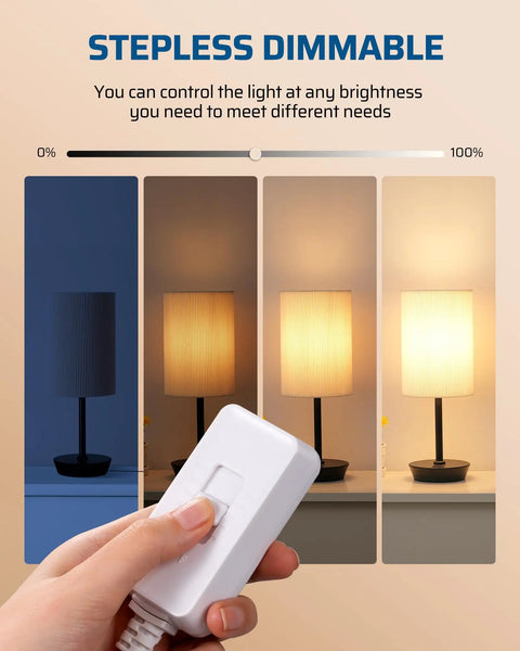 Hand adjusting Plug In Lamp Dimmer Switch For Dimmable LED CFL And Incandescent Bulbs showing stepless dimming range.