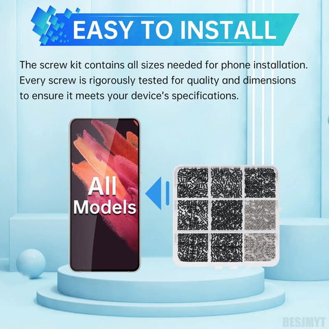 Full Complete Black Screw Replacement Kit For Samsung Galaxy Cellphones And Smartphones Hardware Repair Set shown with assorted screws.