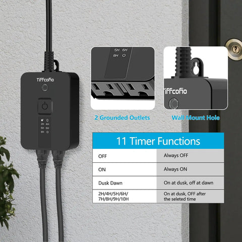 Heavy Duty Waterproof Outdoor Timer With Super Slick 100 Ft Remote And Dusk To Dawn Sensor Countdown close-up of two grounded outlets.
