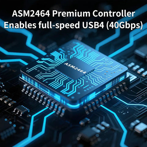 ASM2464 Premium Controller enabling full-speed USB4 (40Gbps) on circuit board, showcasing intricate design and technology.