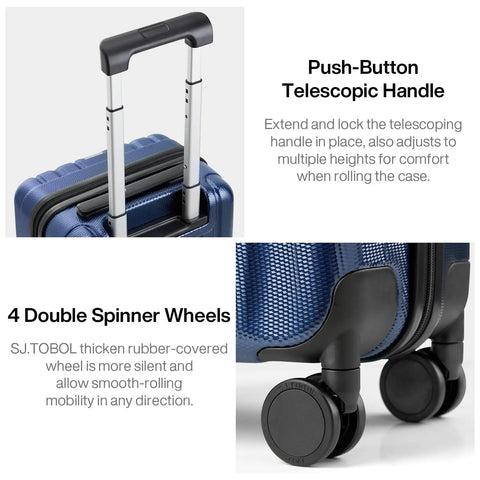 Close-up of telescopic handle and wheels on 14 Inch Underseat Carry On Luggage With Wheels Hard Shell Carry On Suitcase Lightweight