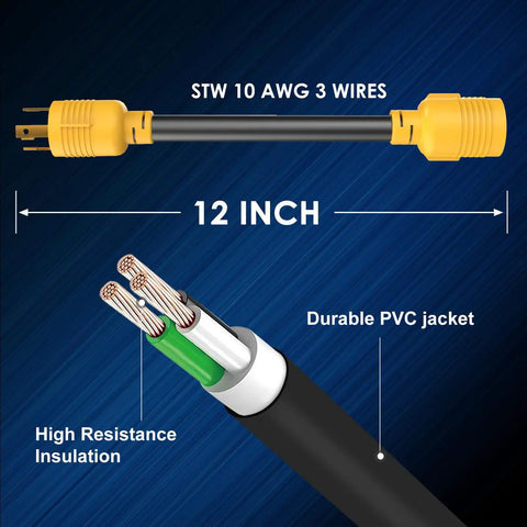 Heavy Duty Nema L6 30P To 6 20R AC Adapter Plug And Play Twist Lock Male Connector with 12 inch STW 10 AWG cable.