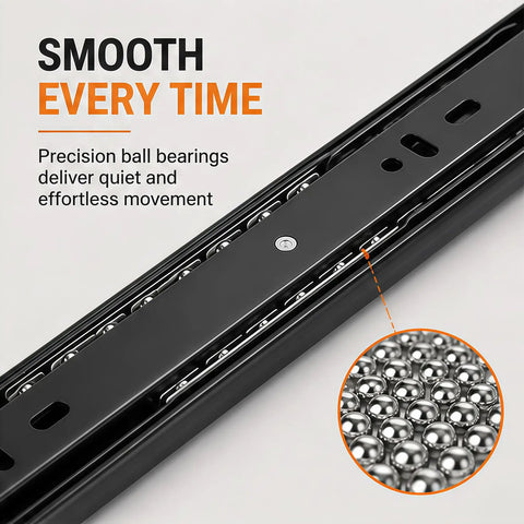 Two Pairs 18 Inch Soft Close Drawer Slides Full Extension Cabinet Guide Glides 45mm Width 100 LB Capacity Side Mount Rails detail view