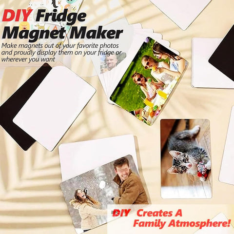 Fridge Magnet Maker Kit With Paper Cutter DIY Photo Magnet Press Machine showing DIY photo magnets and supplies.