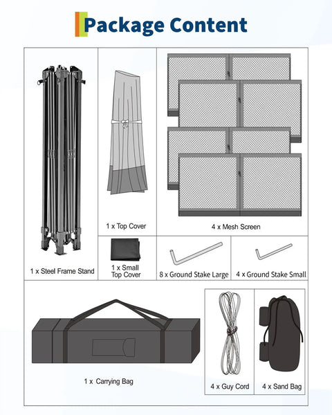 Package contents of 13x13 Ft Pop Up Canopy Gazebo With One Push Setup For Quick Shade Includes 4 Sand Bags Mosquito Netting Height Adjustable Sides Outdoor Backyard Party And BBQ Shelter In Khaki And Coffee.