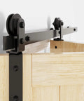 Side view of Heavy Duty Bifold Barn Door Hardware Kit For Closet, 60 Inch Track Folding System, installed on wooden panel