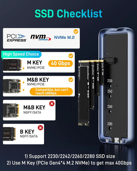 SSD checklist image detailing M key, B key, and M&B key compatibility for Total Beast USB4 To NVMe SSD Enclosure Supporting Blazing Forty Gbps Transfers And Hella Efficient Dual Layer Aluminum Cooling For Slick Tool Free Setup And Smooth Portable Storage Workflow.