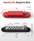 Red and black 12V 150A Power Distribution Block Bus Bar with 1/4 inch stud terminal and snap lock cover, dimensions labeled.