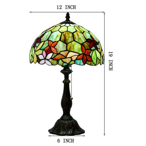 Classic Tiffany Style Table Lamp With Stained Glass Shade, 12 Inch Wide And 19 Inch Tall, Antique Bronze Base, Red Green Floral Pattern