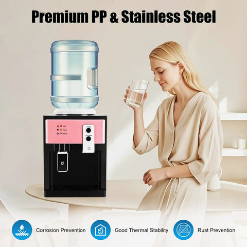 Woman using Top Loading Water Dispenser With 3 Temperature Settings, Countertop Electric Hot And Cold Water Cooler For Home And Office In Pink Durable PP Shell And Stainless Inner Liner For Long Lasting Use And Quiet Operation, Great For Busy Homes And Offices