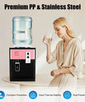 Hot And Cold Water Dispenser With One Click Start And Auto Temperature Control Three Temperature Settings Compact Desktop Electric Water Cooler For Home Office Dorm Bedside Use Pink next to a woman drinking water
