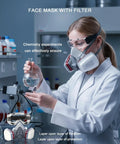 Scientist wearing Pro Grade All In One Heavy Duty Respirator Mask With Filters And Safety Glasses in a laboratory setting