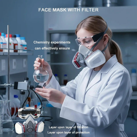 Scientist wearing Pro Grade All In One Heavy Duty Respirator Mask With Filters And Safety Glasses in a laboratory setting