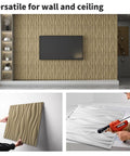 PVC Wave Textured 3D Wall Panels Grey 12 Pack Dope Look Lightweight Fire Resistant Easy DIY Coverage 32 Sq Ft Great For Living Room Bedroom Kitchen TV Backdrop Accent Wall, shown on TV backdrop and during installation.