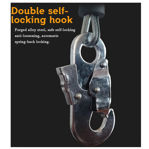 Rock Solid Heavy Duty Self Retracting Lifeline 32 Foot Industrial Safety Lanyard With Dual Disc Brake System And Locking Alloy Steel Hook close-up of double self-locking hook in forged alloy steel.