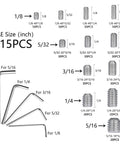Complete Set Screw Kit 1000 Piece Cup Point Grub Screws With Internal Hex Drive Stainless Steel 304 Metric And SAE Range M3 To M8 And 1 Eighth Inch To 5 Sixteenth Inch Threads Built To Last For Permanent Or Semi Permanent Installations - SAE size screws and hex wrenches shown