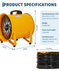 12 Inch High Velocity Air Mover Blower With 3500 CFM Beast Mode Airflow and 16.4 Ft Duct, Yellow, Product Specifications