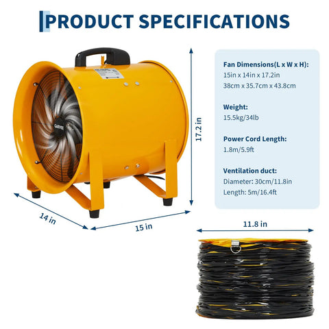 12 Inch High Velocity Air Mover Blower With 3500 CFM Beast Mode Airflow and 16.4 Ft Duct, Yellow, Product Specifications