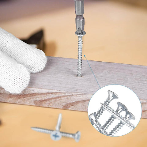 Drywall And Wood Screw Kit, 170 Piece Assortment Of Self Tapping Phillips Flat Head Screws In Three Quarter Inch To Two Inch Sizes Includes One And One Quarter Inch And One Half Inch For Hanging Pictures And Metal Shelves Silver Finish being used on wood surface