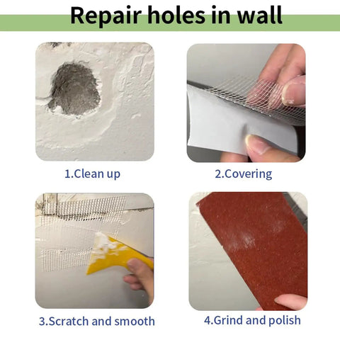 All In One Wall Repair Kit For Large And Small Holes With Drywall Patches And White Paint 3 Pack For Quick DIY Fixes Cracks Stains And Peeling Walls At Home showing repair steps.