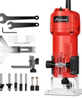Beefy 630W Wood Router Tool With Fixed Base, Compact Design, 35000 RPM, One Quarter Inch Collet, Includes Five Trim Bits, Straight And Roller Guide, Two Wrenches And Carbon Brushes For Woodworking shown with accessories.